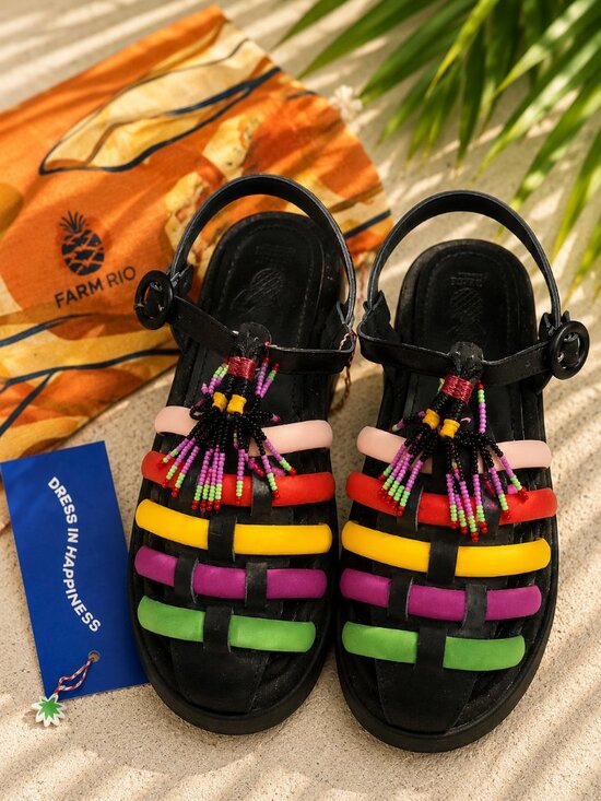 FARM Rio Shoes - Farm Rio NWT Rainbow Platform Sandals Vegan Made in Brazil Beaded Tassel Size 8